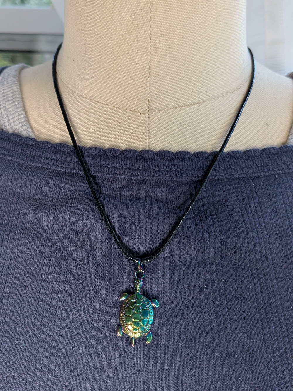 Rainbow Iridescent Sea Turtle Pendant Necklace Black Cord Metallic Oil Slick